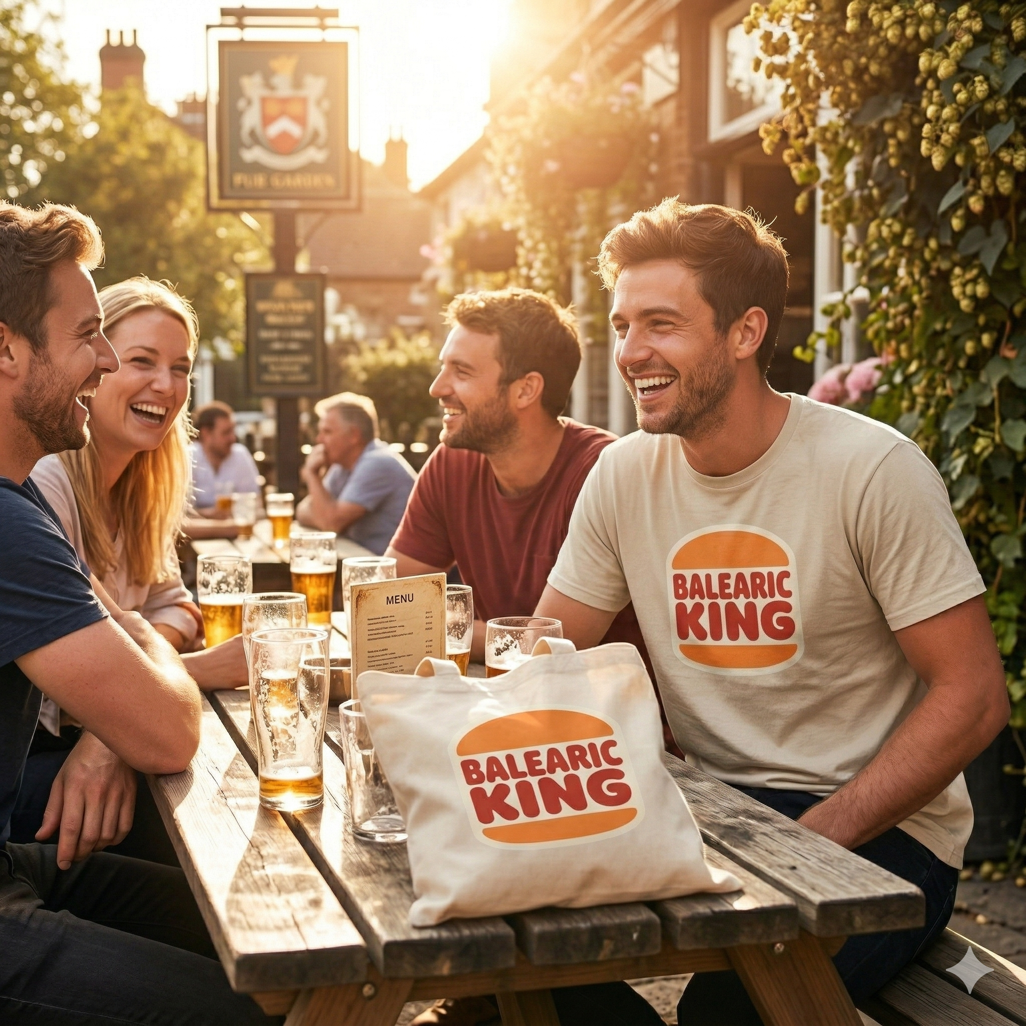 A joyful group in a sunny pub garden. A man wears a beige tee with the "Balearic King" parody logo (orange burger buns, red text). The identical logo is on a tote bag on the table with pint glasses. Golden hour light and foliage.