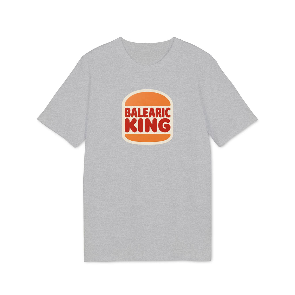 Balearic Blend T-shirt: A clean, flat-lay product photograph of the retro fast-food graphic tee in Heather Grey, featuring the Balearic King logo centered on the chest.