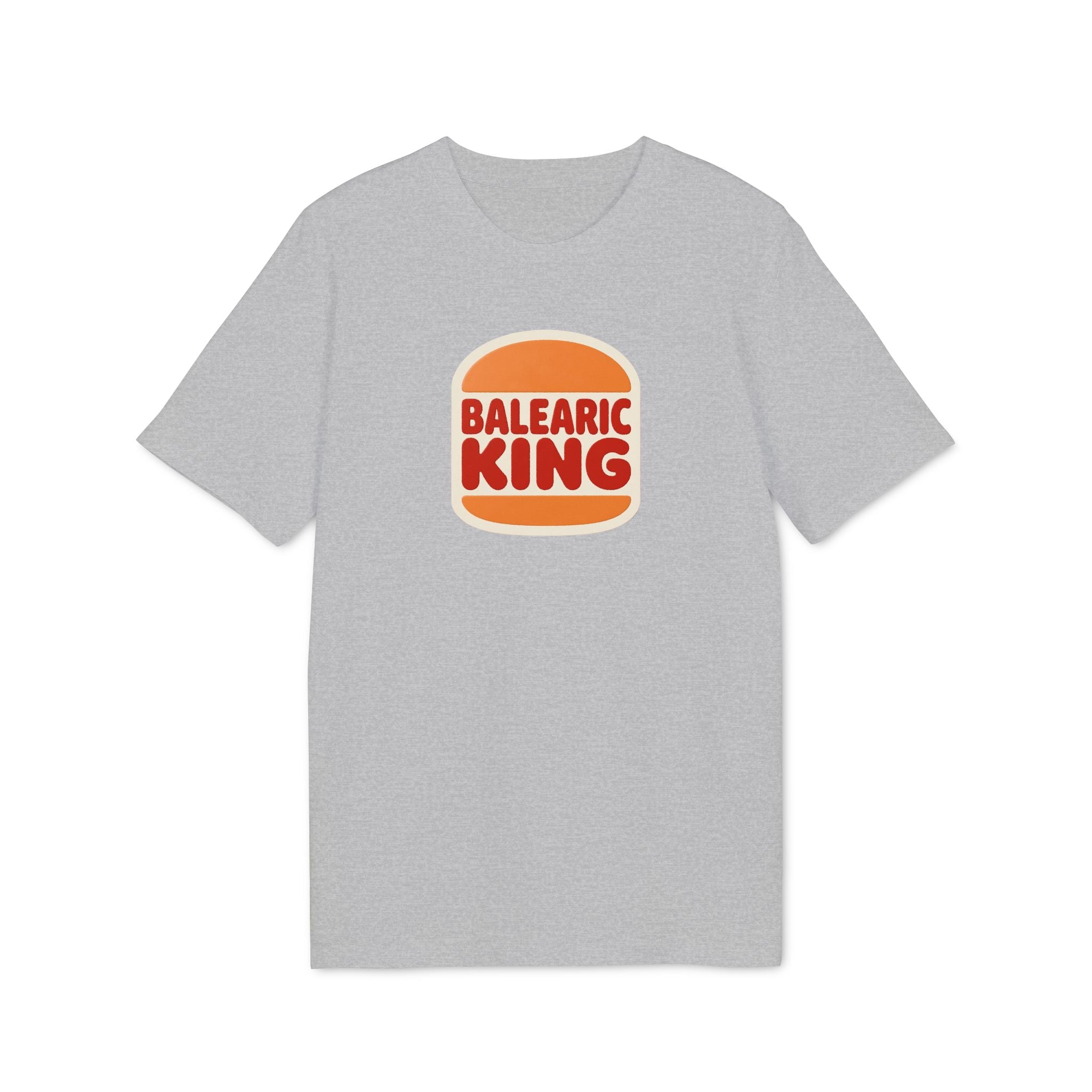 Balearic Blend T-shirt: A clean, flat-lay product photograph of the retro fast-food graphic tee in Heather Grey, featuring the Balearic King logo centered on the chest.