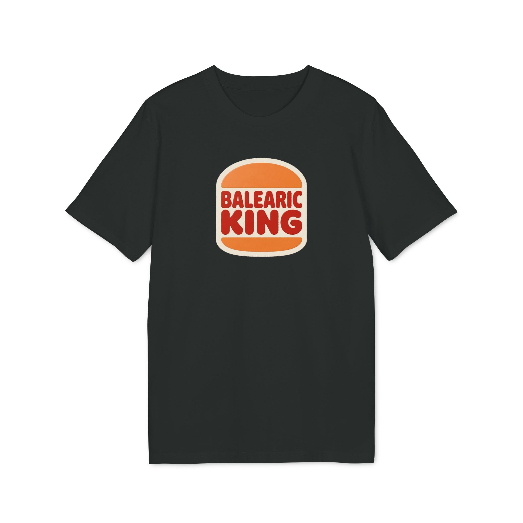 Balearic Blend T-shirt: A clean, flat-lay product photograph of the retro fast-food graphic tee in black, featuring the Balearic King logo centered on the chest.