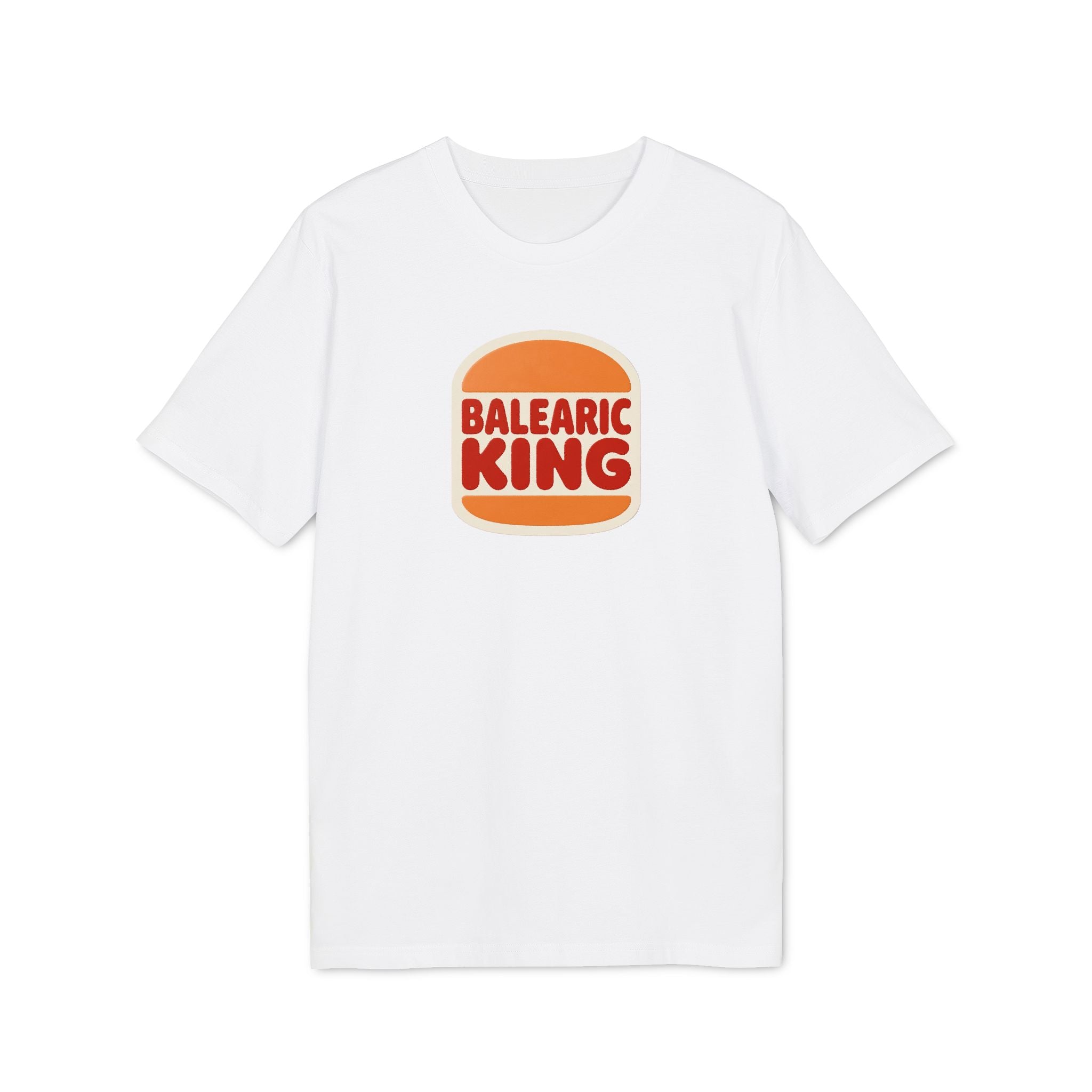 Balearic Blend T-shirt: A clean, flat-lay product photograph of the retro fast-food graphic tee in White, featuring the Balearic King logo centered on the chest.