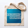 Tote bag with 'BALEARIC EXPRESS' text on a blue background