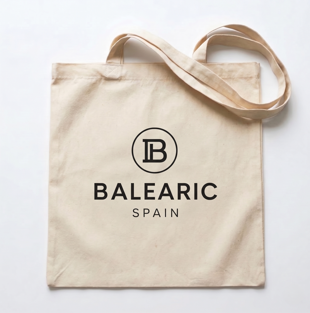 Beige tote bag with 'Balearic Spain' logo on a white background