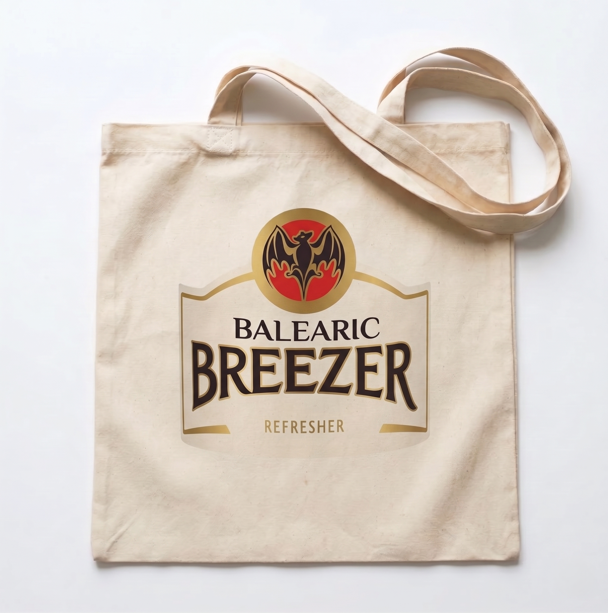 Beige tote bag with Balearic Breezer logo on a white background