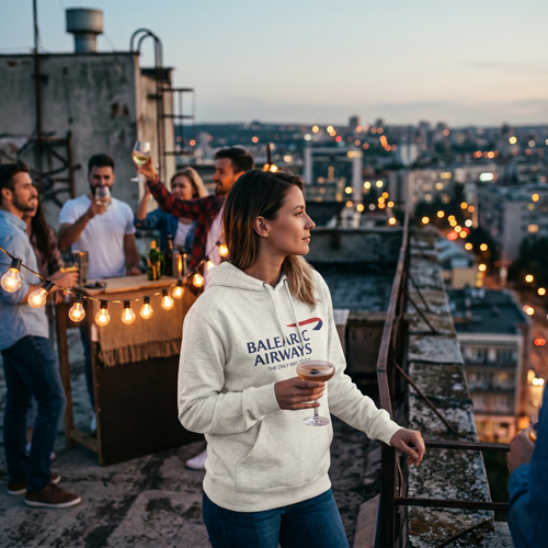 Woman in a 'Balearic Airways' hoodie holding a drink on a rooftop with cityscape in the background