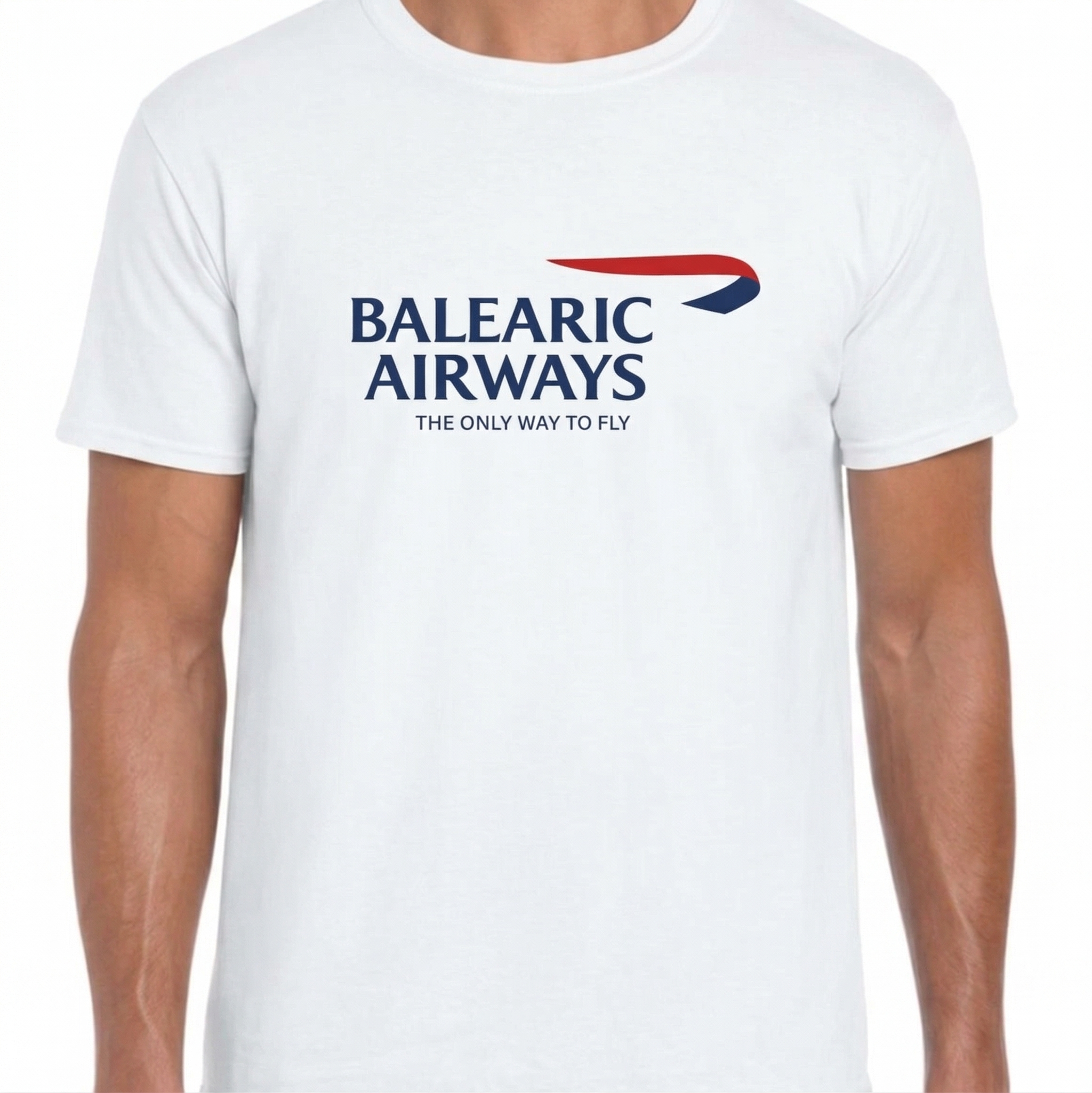 White t-shirt with 'Balearic Airways' logo and text on a white background