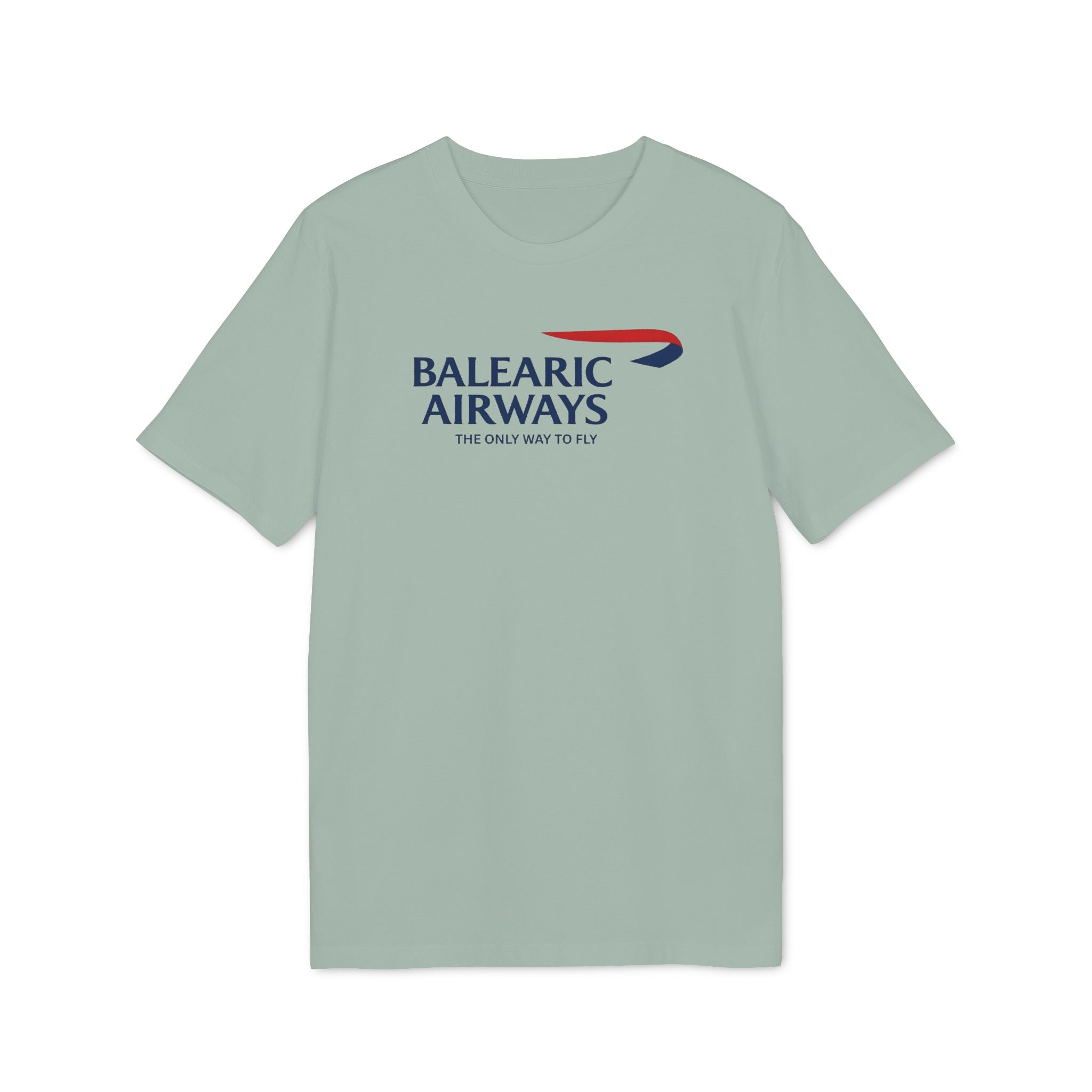 Balearic Blend T-shirt: Aloe flat-lay of the Balearic Airways graphic tee featuring the airline ribbon.