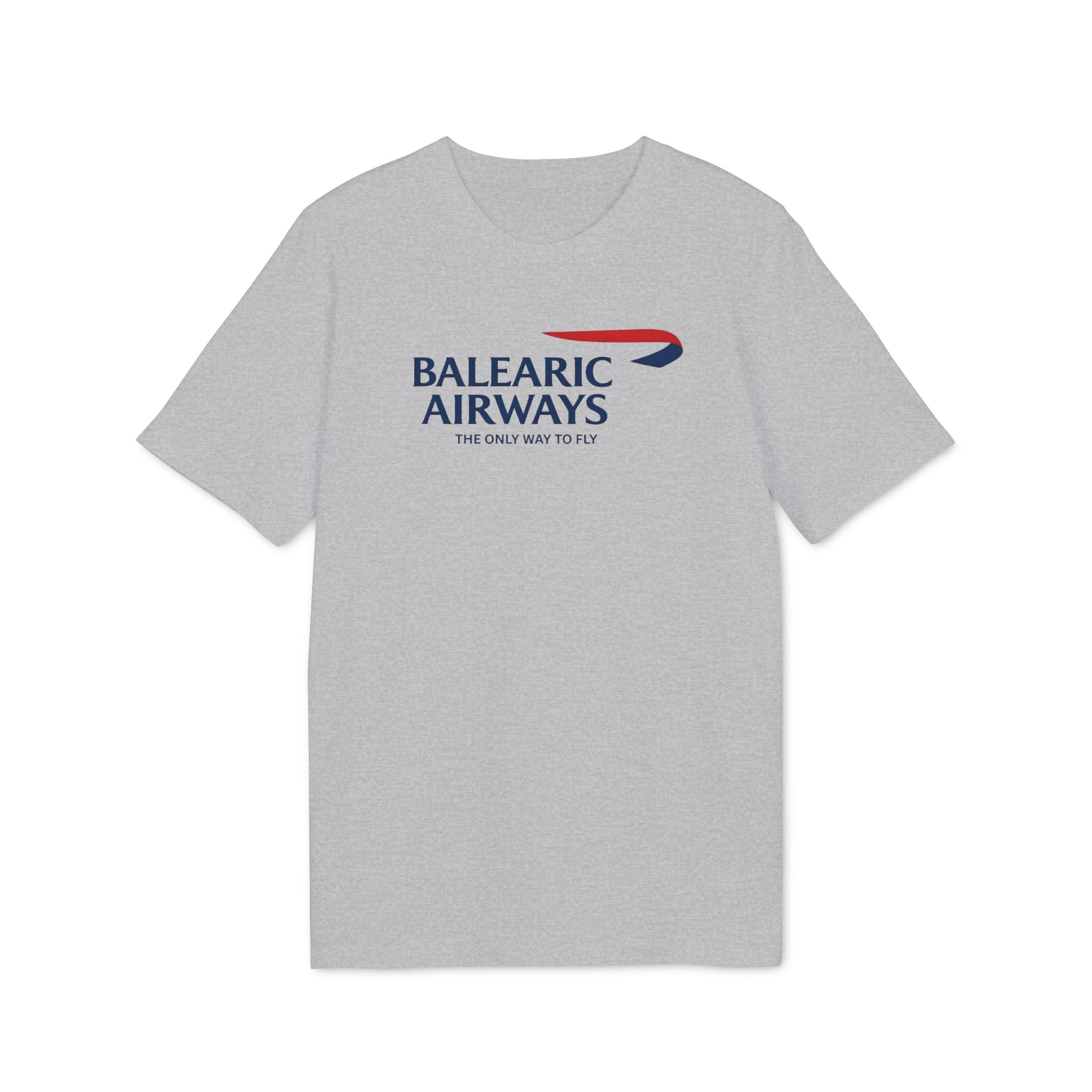 Balearic Blend T-shirt: Heather Grey flat-lay of the Balearic Airways graphic tee featuring the airline ribbon.
