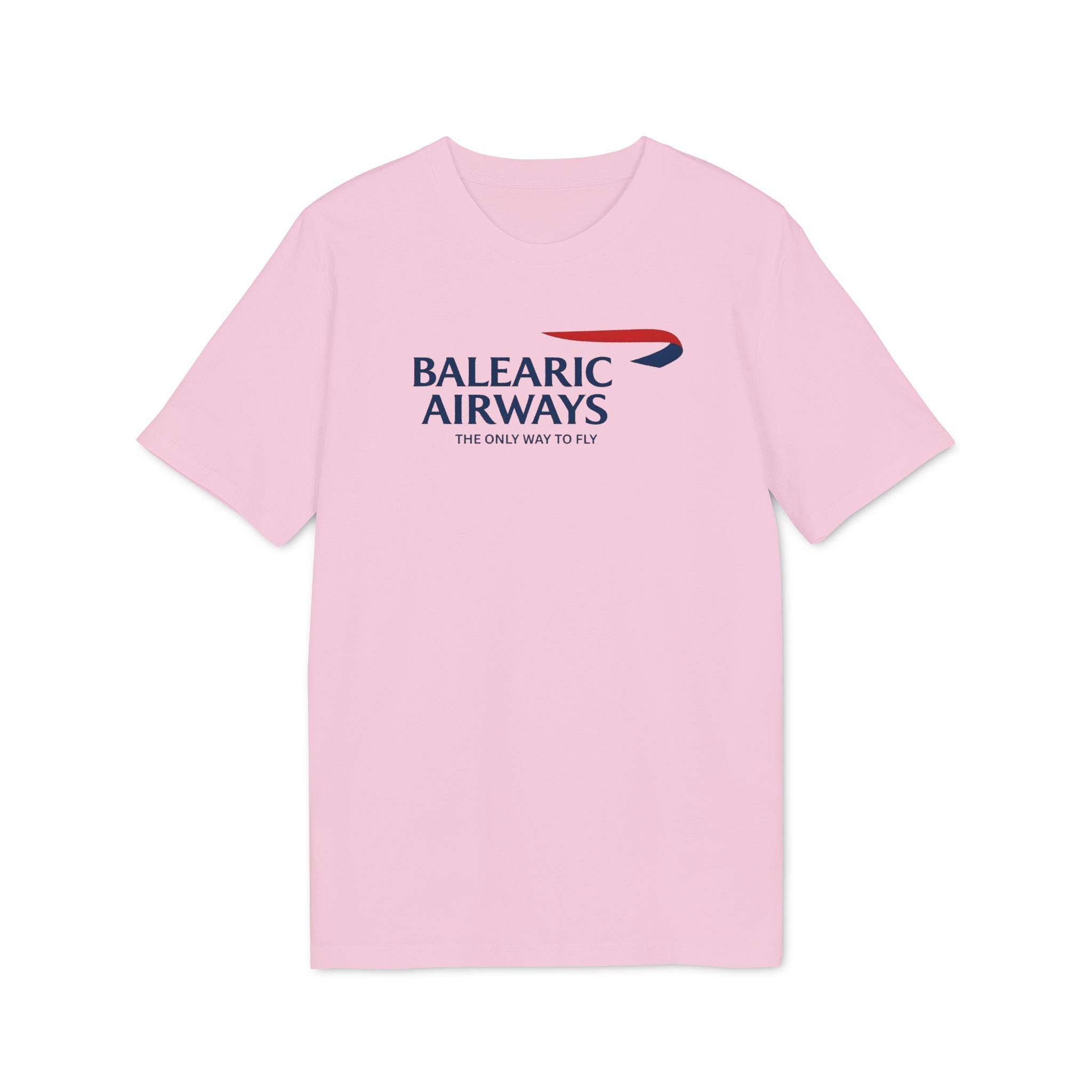Balearic Blend T-shirt: Cotton Pink flat-lay of the Balearic Airways graphic tee featuring the airline ribbon.