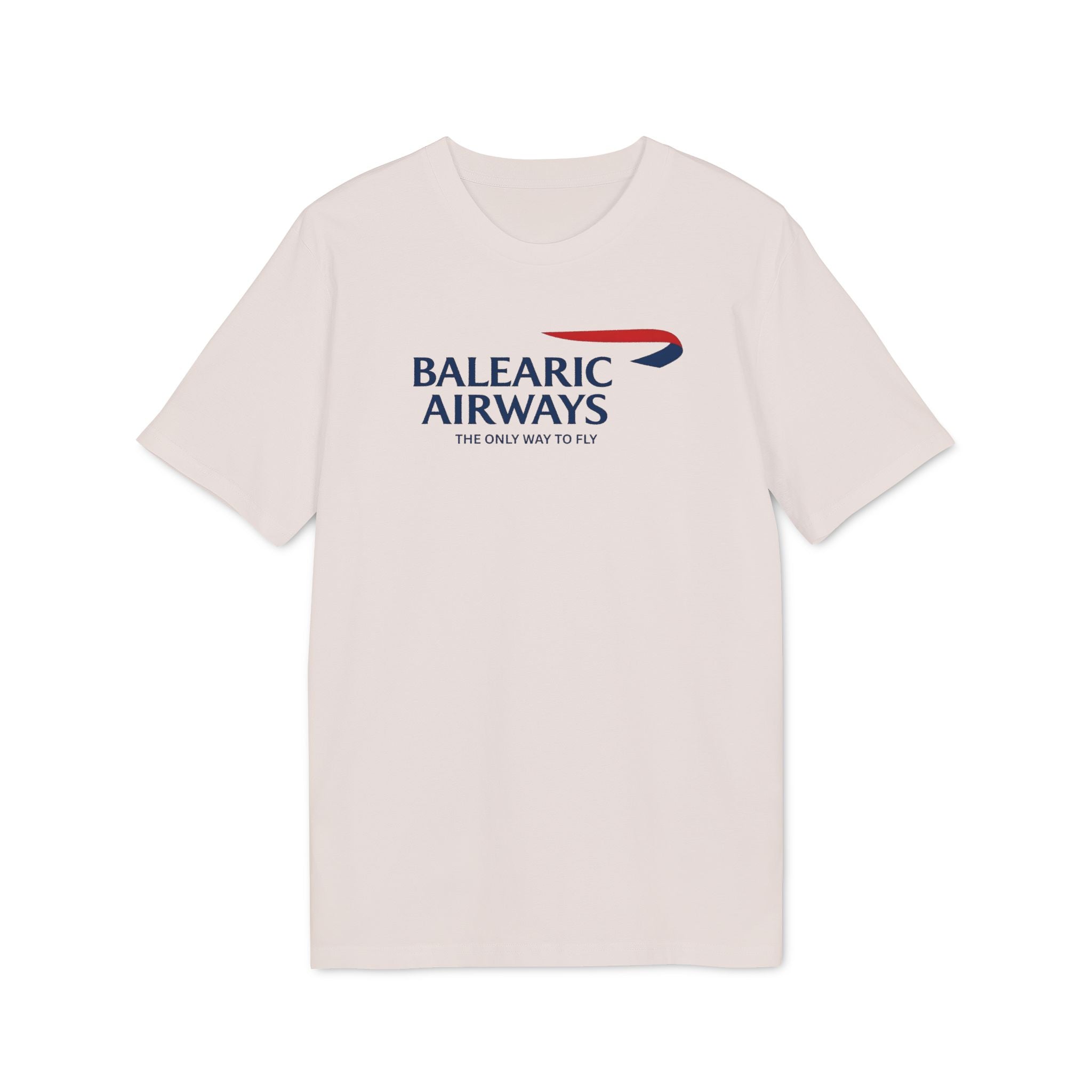 Balearic Blend T-shirt: Vintage White flat-lay of the Balearic Airways graphic tee featuring the airline ribbon.