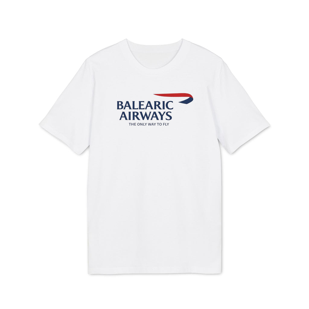 Balearic Blend T-shirt: White flat-lay of the Balearic Airways graphic tee featuring the airline ribbon.