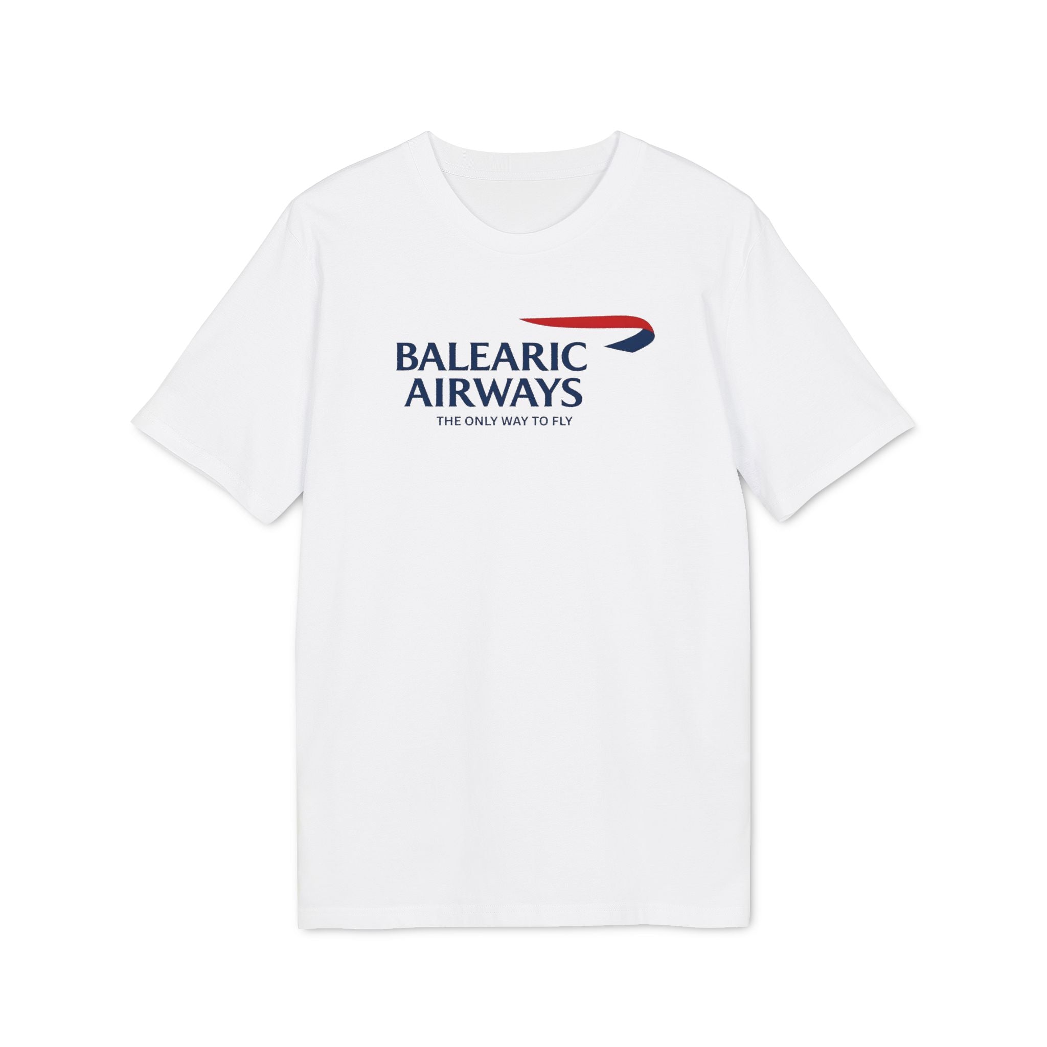 Balearic Blend T-shirt: White flat-lay of the Balearic Airways graphic tee featuring the airline ribbon.