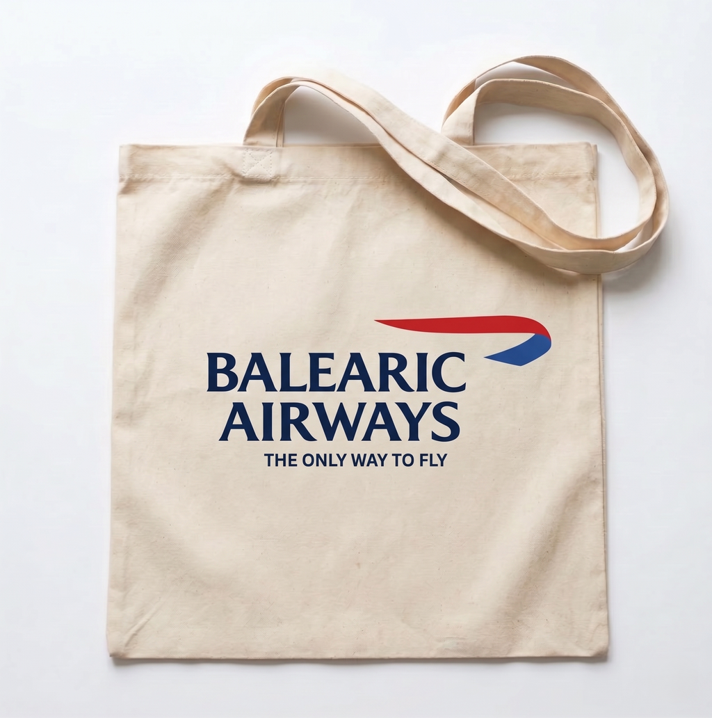 Balearic Airways tote bag flat-lay on white background.
