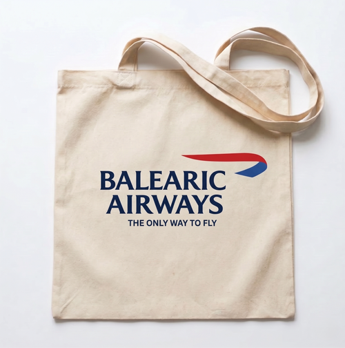 Balearic Airways tote bag flat-lay on white background.