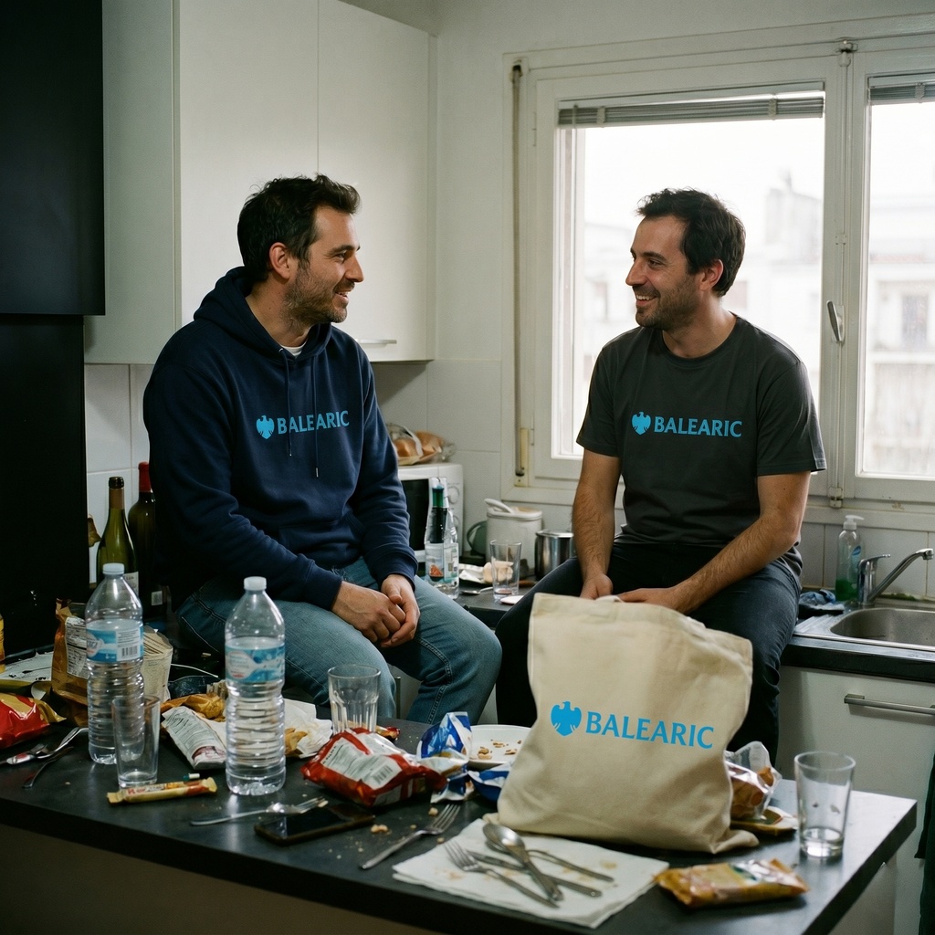 Two men sitting in a kitchen with food and drinks on the counter, wearing Balearic Banker branded clothing.