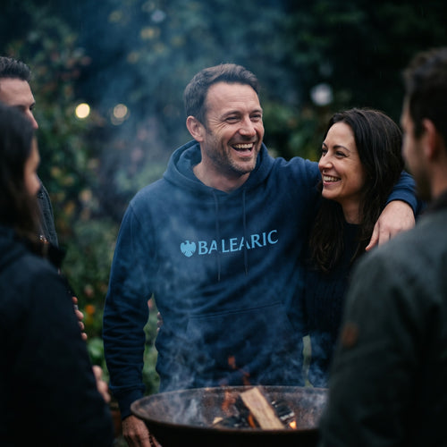 People gathered around a fire pit with a person wearing a Balearic Banker hoodie.