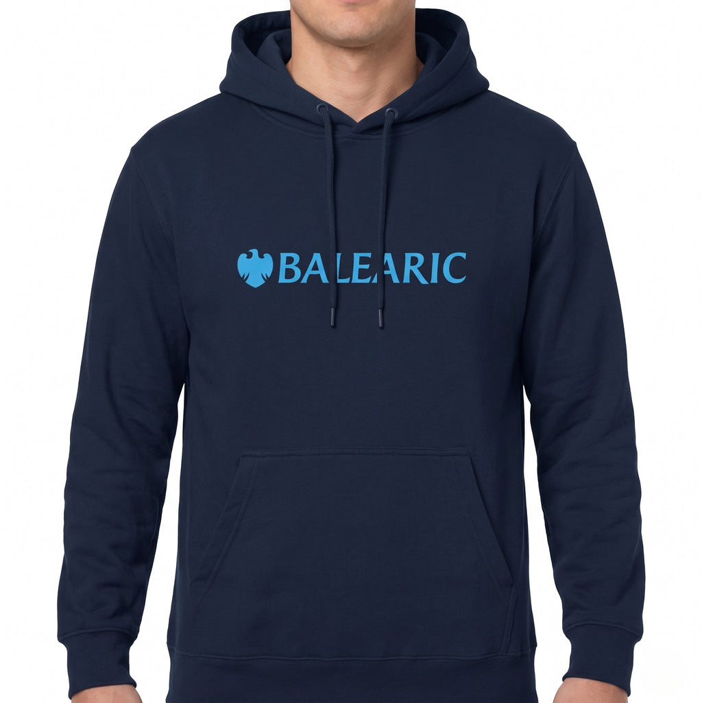 Balearic Banker Hoodie: Navy blue flat-lay featuring a light blue spoof corporate bank eagle chest print.