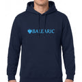 Balearic Banker Hoodie: Navy blue flat-lay featuring a light blue spoof corporate bank eagle chest print.