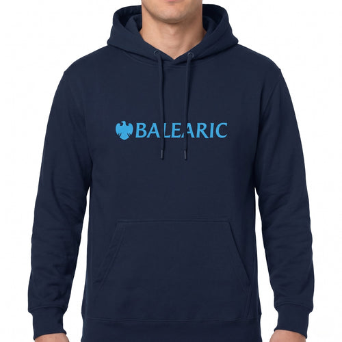 Balearic Banker Hoodie: Navy blue flat-lay featuring a light blue spoof corporate bank eagle chest print.