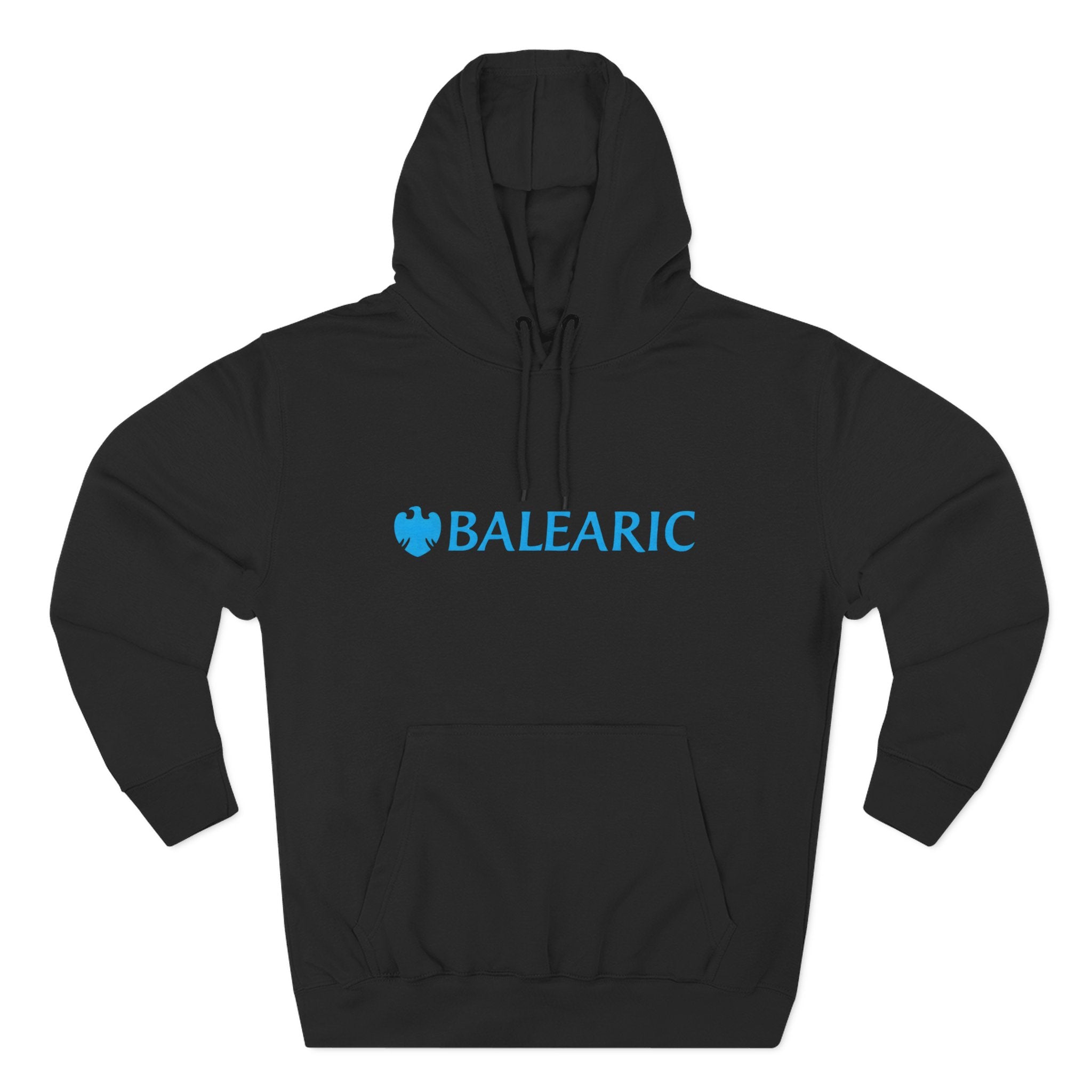 Balearic Banker Hoodie: Black colourway flat-lay showing spoof corporate banking graphic print detail.