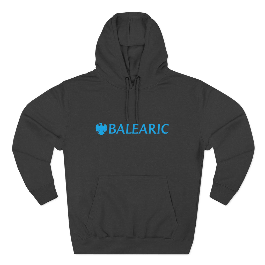 Balearic Banker Hoodie: Charcoal Heather colourway flat-lay showing spoof corporate banking graphic print detail.