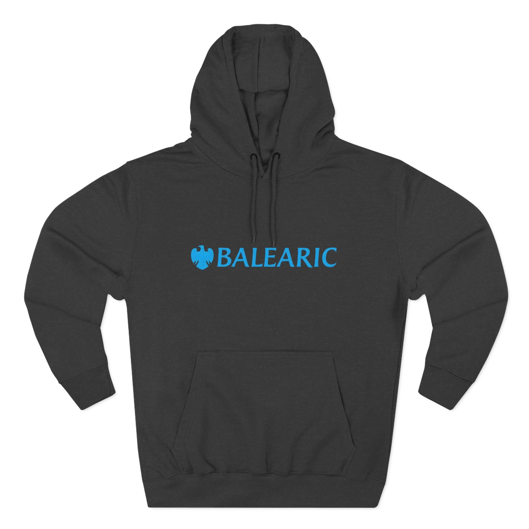 Balearic Banker Hoodie: Charcoal Heather colourway flat-lay showing spoof corporate banking graphic print detail.