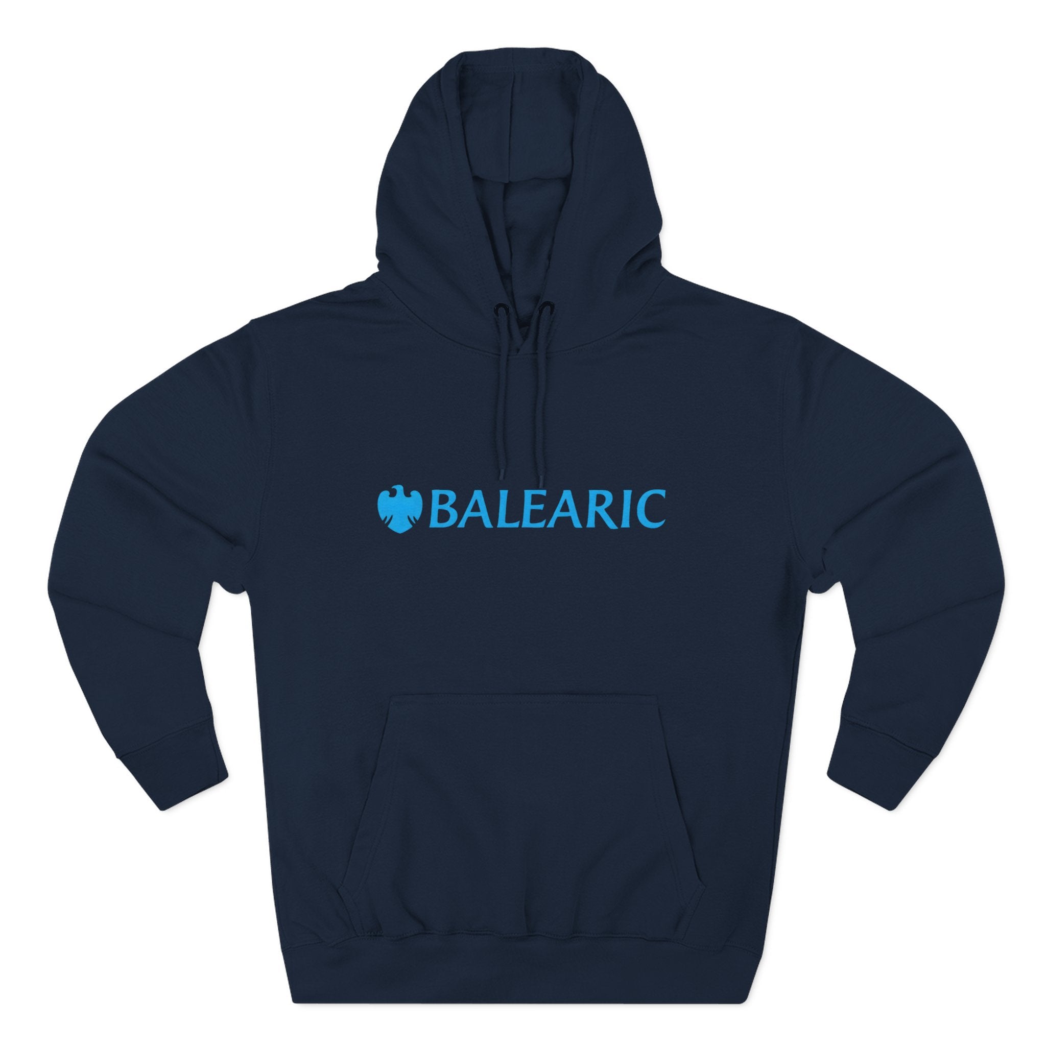 Balearic Banker Hoodie: Navy colourway flat-lay showing spoof corporate banking graphic print detail.