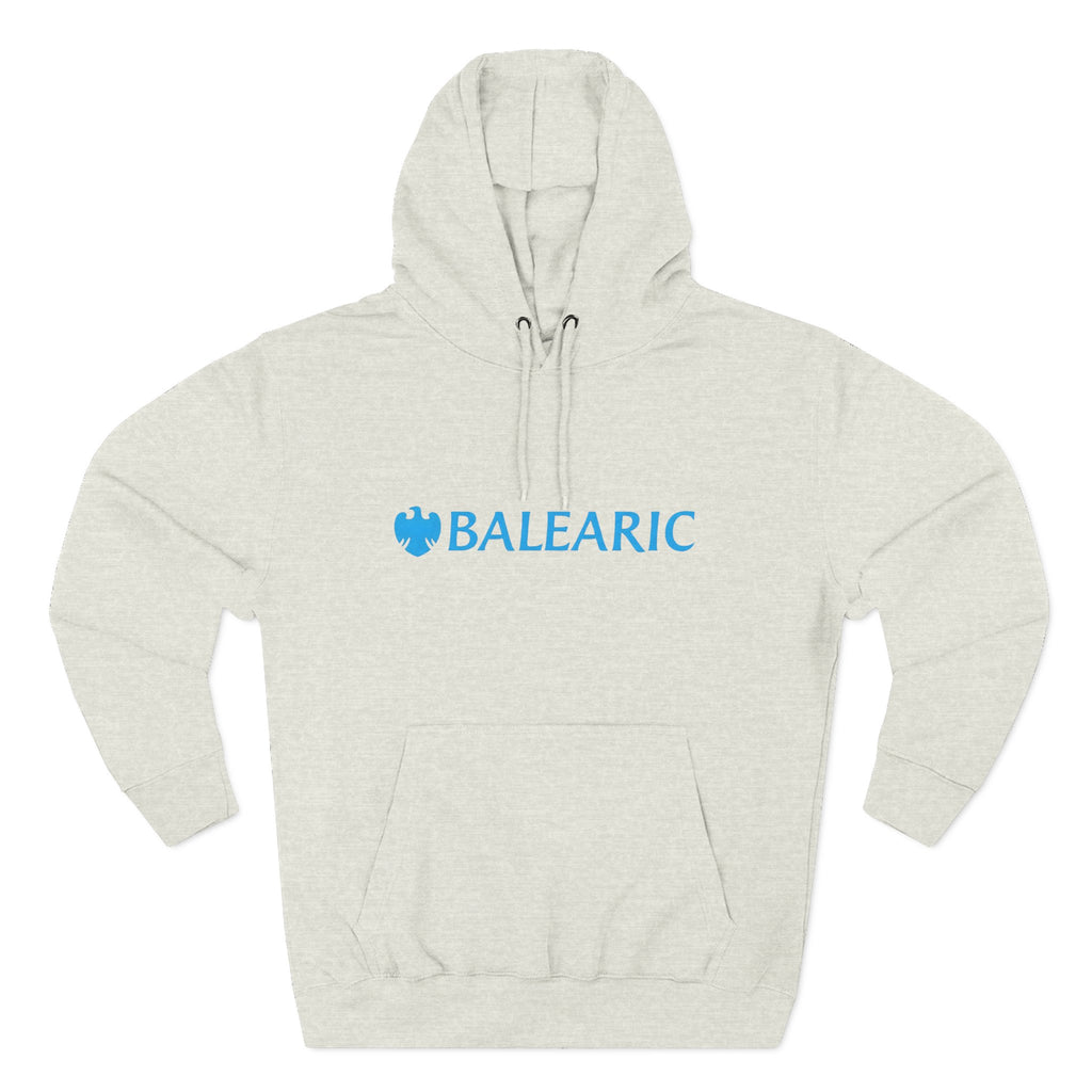 Balearic Banker Hoodie: Oatmeal Heather colourway flat-lay showing spoof corporate banking graphic print detail.