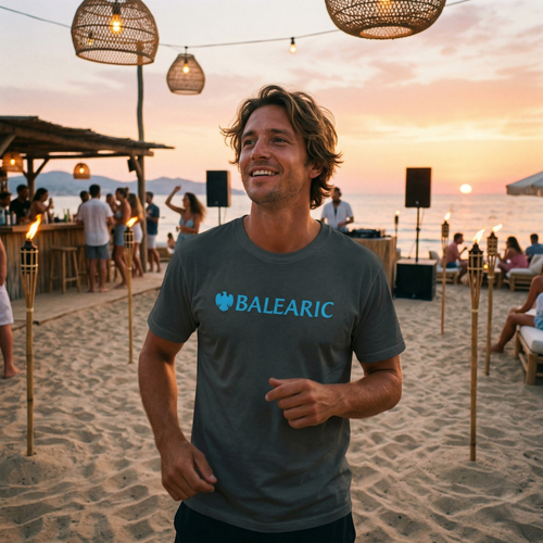 Balearic Blend T-shirt: A medium close-up of a smiling man in a charcoal grey t-shirt enjoying a sunset session at a sandy beach club. The chest print features the word 'BALEARIC' in a specific light blue font, cleverly parodying an iconic high street financial institution’s logo aesthetic. The background includes an open-air beach bar, people socializing, a speaker setup, and rattan basket string lights.