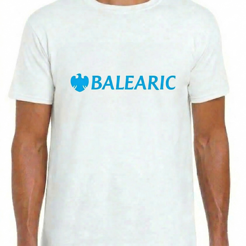 Balearic Blend T-shirt: A front view of the white cotton t-shirt featuring the teal and navy 'Balearic Bankers' corporate twist logo prominently on the chest.