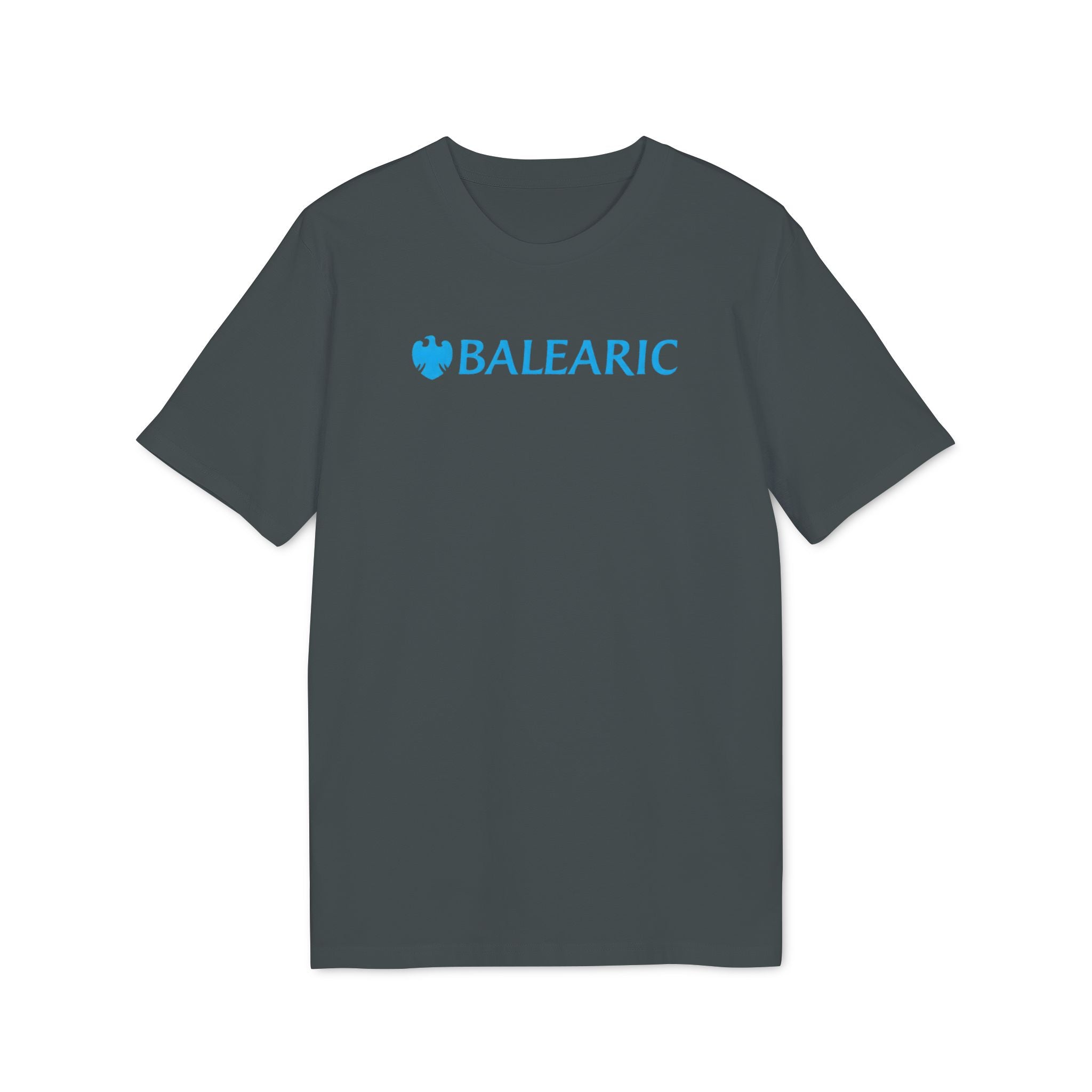 Balearic Blend T-shirt: A clean, flat-lay product photograph of the 'Balearic Bankers' graphic tee in Anthracite, featuring the corporate bank twist logo centered on the chest.