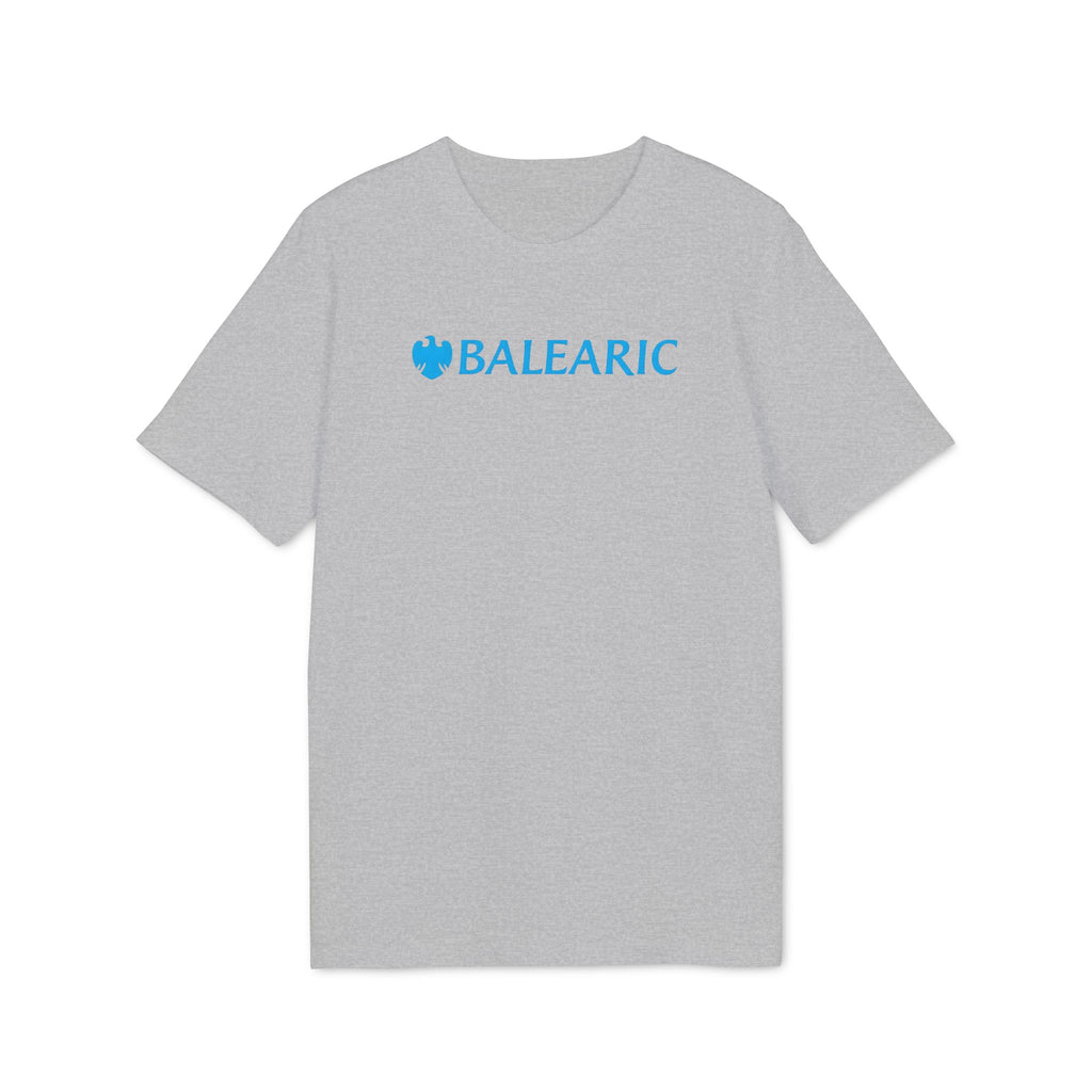 Balearic Blend T-shirt: A clean, flat-lay product photograph of the 'Balearic Bankers' graphic tee in Heather Grey, featuring the corporate bank twist logo centered on the chest.