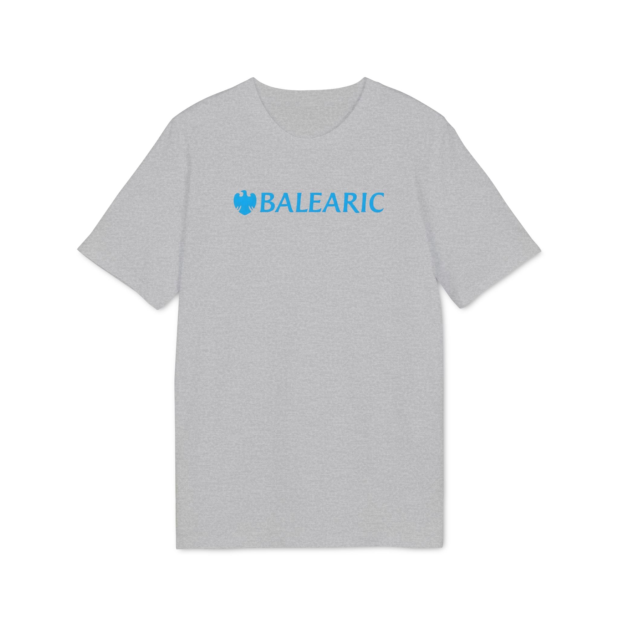 Balearic Blend T-shirt: A clean, flat-lay product photograph of the 'Balearic Bankers' graphic tee in Heather Grey, featuring the corporate bank twist logo centered on the chest.