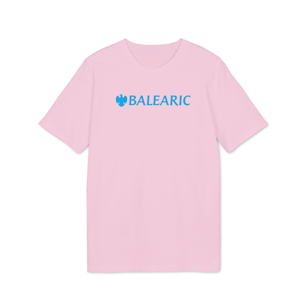 Balearic Blend T-shirt: A clean, flat-lay product photograph of the 'Balearic Bankers' graphic tee in Pink, featuring the corporate bank twist logo centered on the chest.