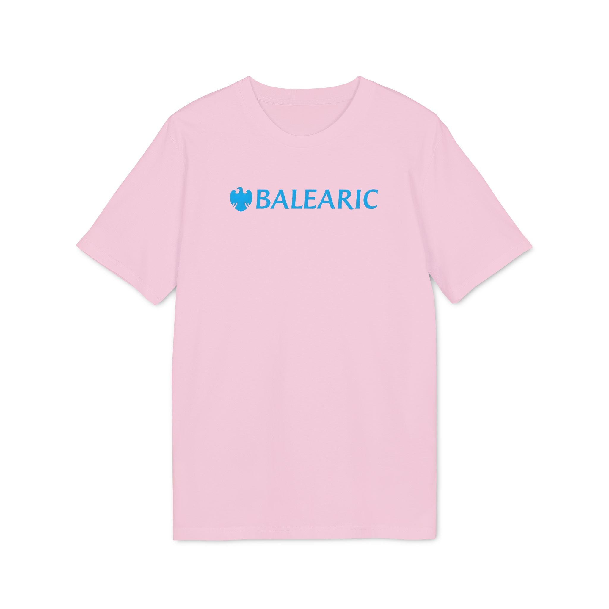 Balearic Blend T-shirt: A clean, flat-lay product photograph of the 'Balearic Bankers' graphic tee in Pink, featuring the corporate bank twist logo centered on the chest.