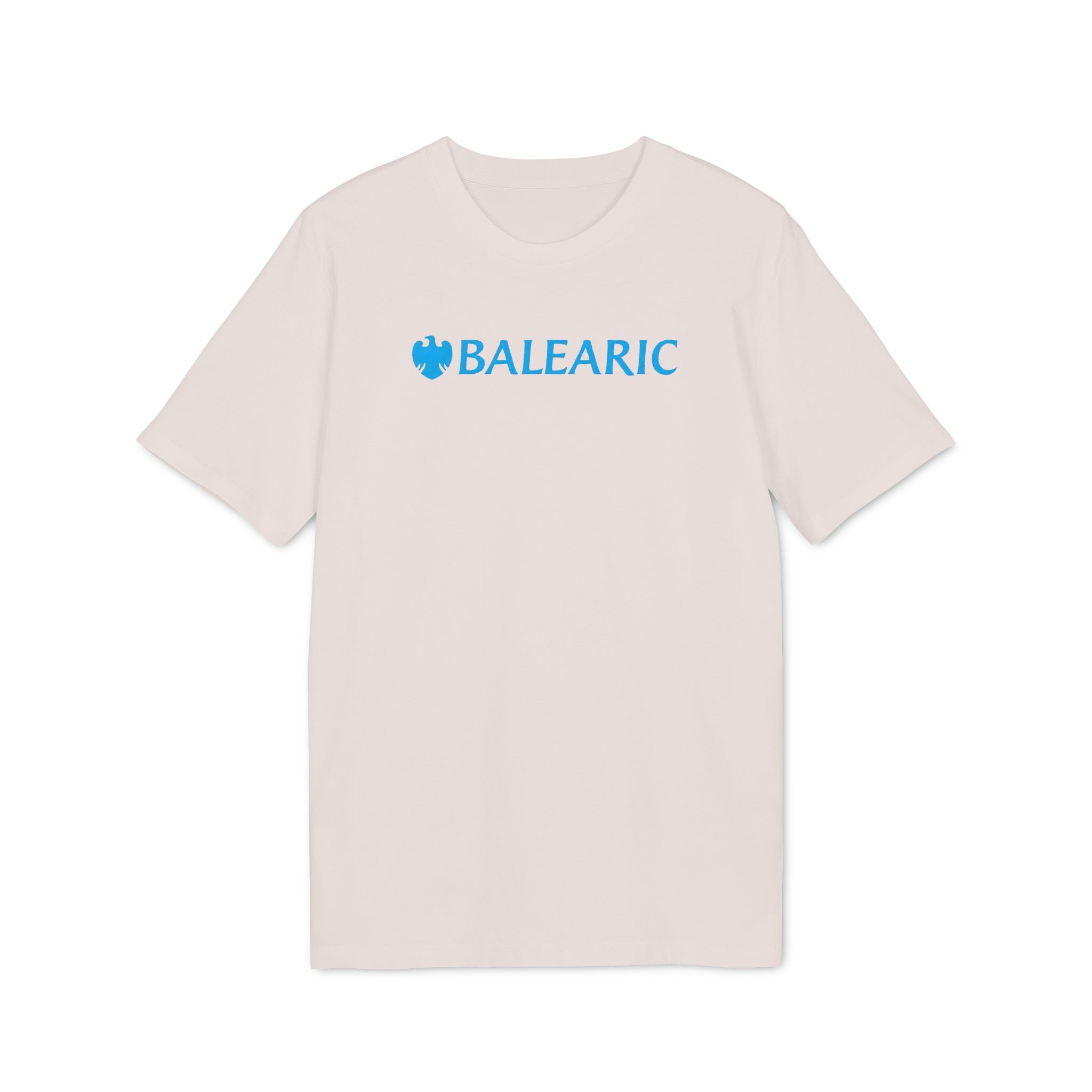 Balearic Blend T-shirt: A clean, flat-lay product photograph of the 'Balearic Bankers' graphic tee in Vintage White, featuring the corporate bank twist logo centered on the chest.