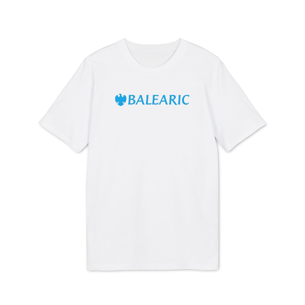 Balearic Blend T-shirt: A clean, flat-lay product photograph of the 'Balearic Bankers' graphic tee in White, featuring the corporate bank twist logo centered on the chest.
