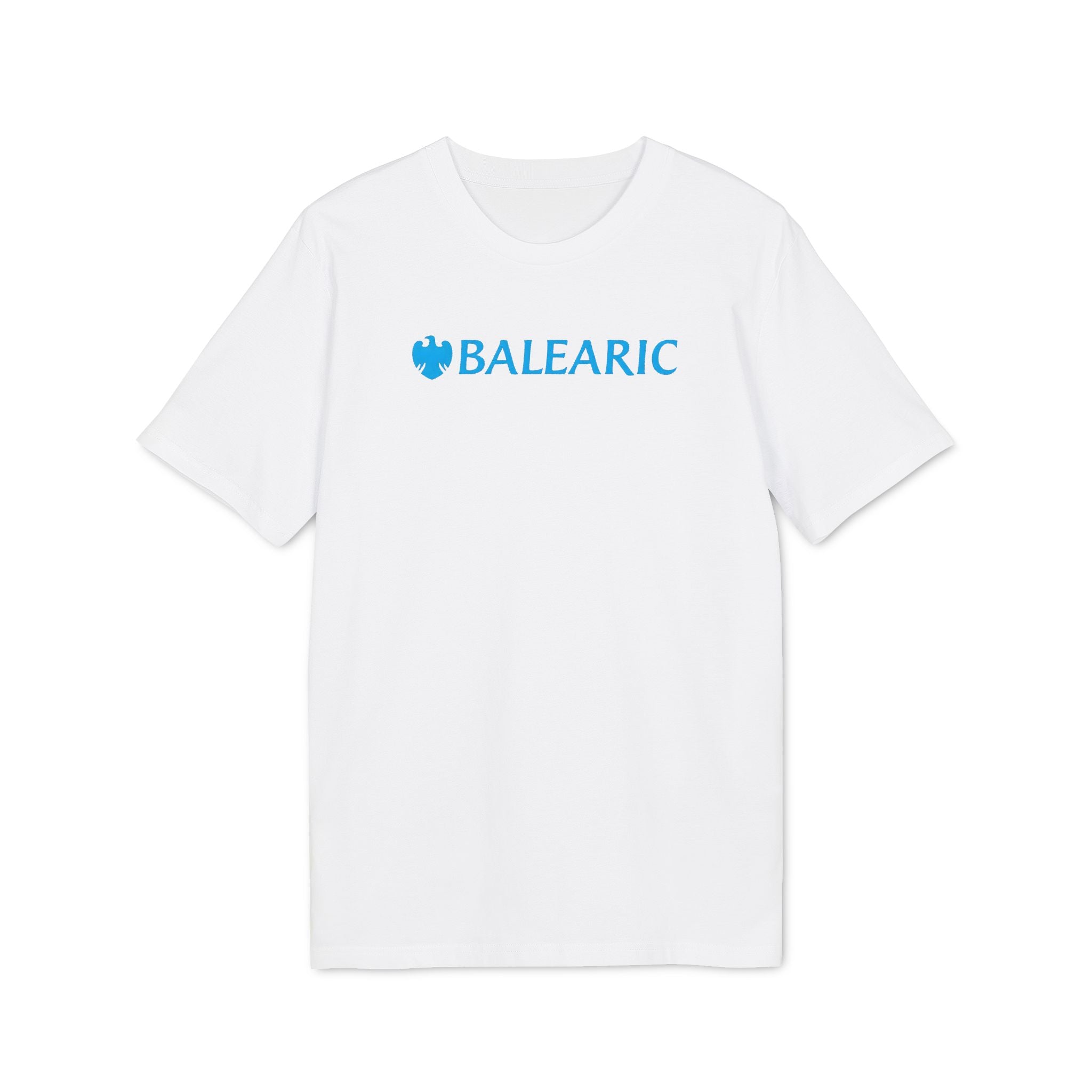 Balearic Blend T-shirt: A clean, flat-lay product photograph of the 'Balearic Bankers' graphic tee in White, featuring the corporate bank twist logo centered on the chest.