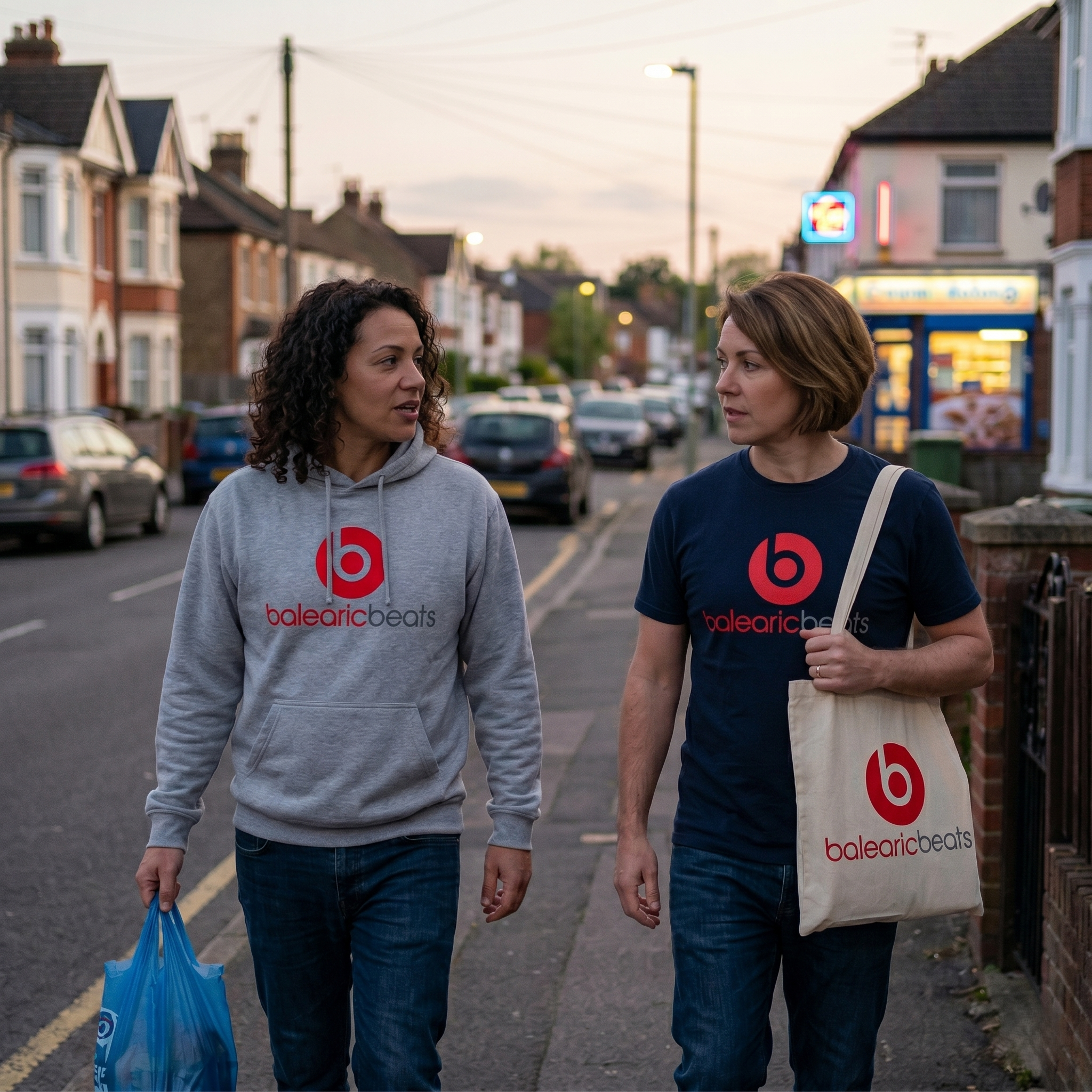 Two people walking on a street, both wearing Balearic Beats branded clothing and accessories.