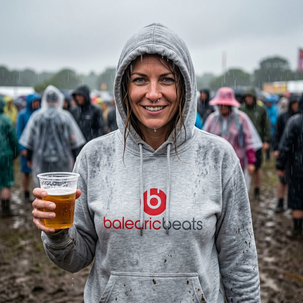 Balearic Beats Hoodie: Woman smiling in the rain at a muddy festival holding a pint of beer.