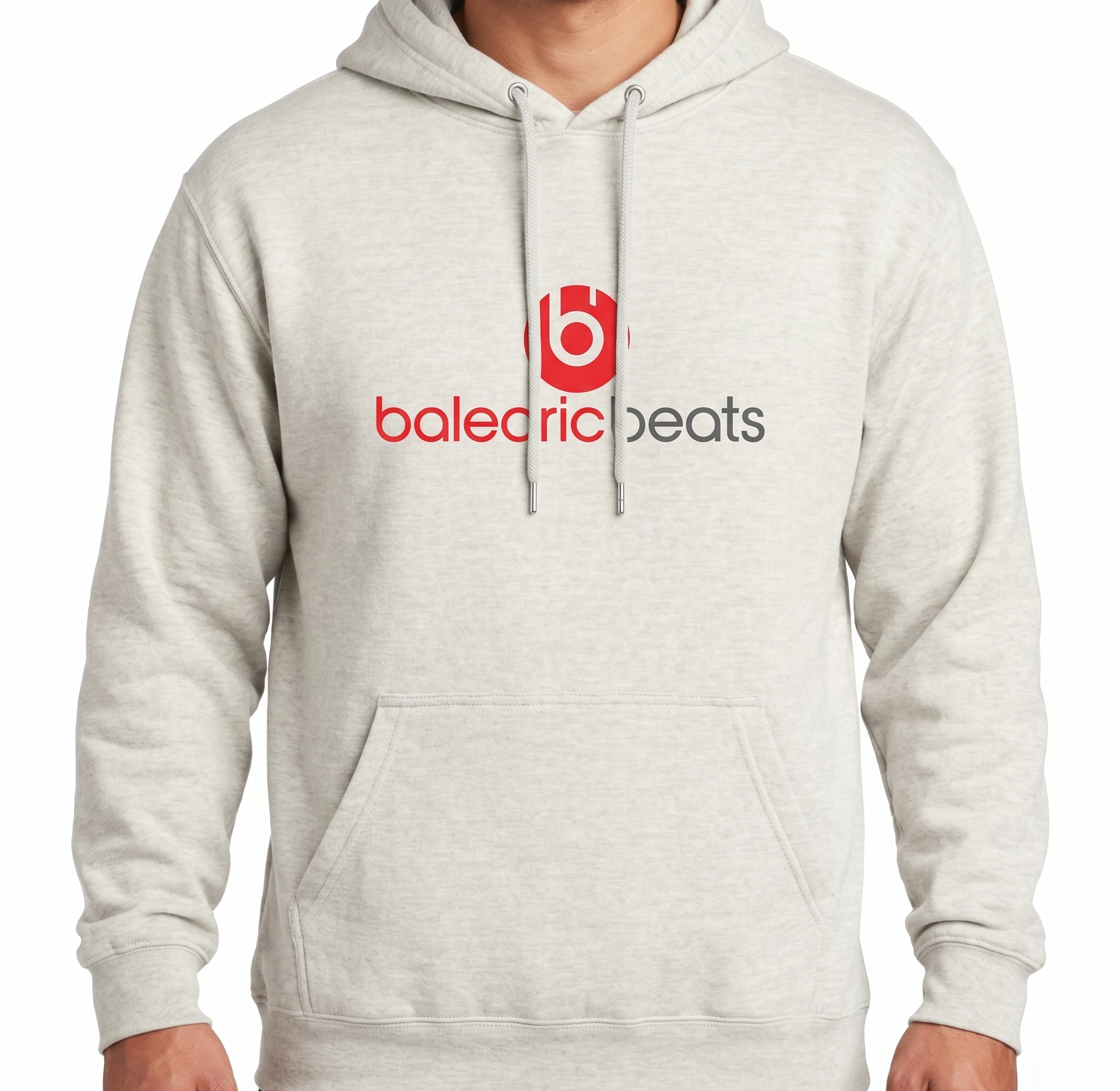 Balearic Beats Hoodie: Clean studio front view of a man wearing the light grey pullover garment.