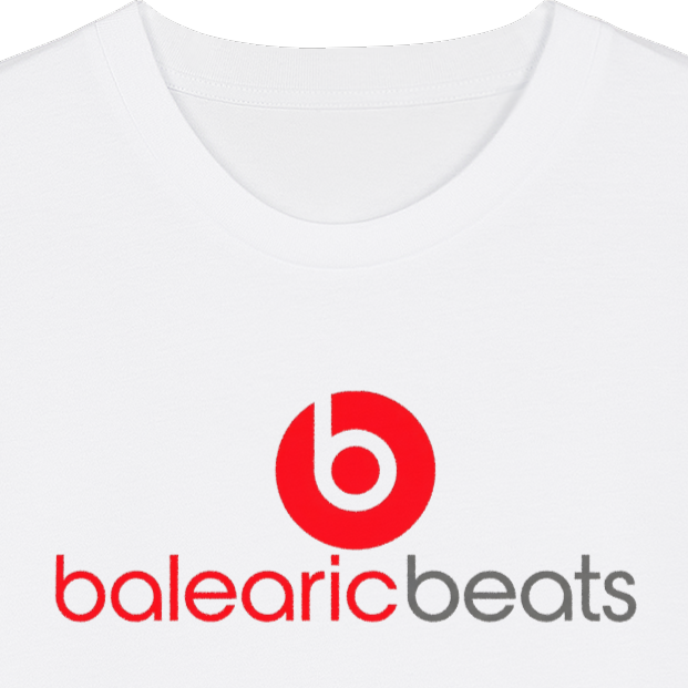 Balearic Blend T-shirt: Close-up on the chest print showing the crisp red and white logo parody screen print.