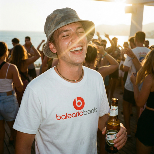 Balearic Blend T-shirt: Laughing man wearing the audio spoof logo, holding a beer at a sun-drenched terrace party.