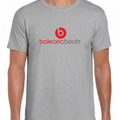 Balearic Blend T-shirt: Heather Grey colourway flat-lay showing red circular graphic print detail.