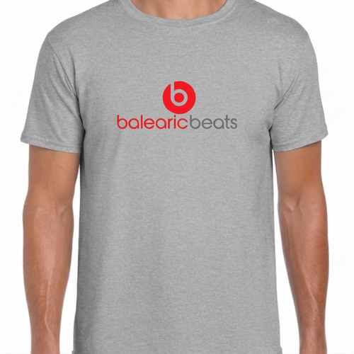 Balearic Blend T-shirt: Heather Grey colourway flat-lay showing red circular graphic print detail.