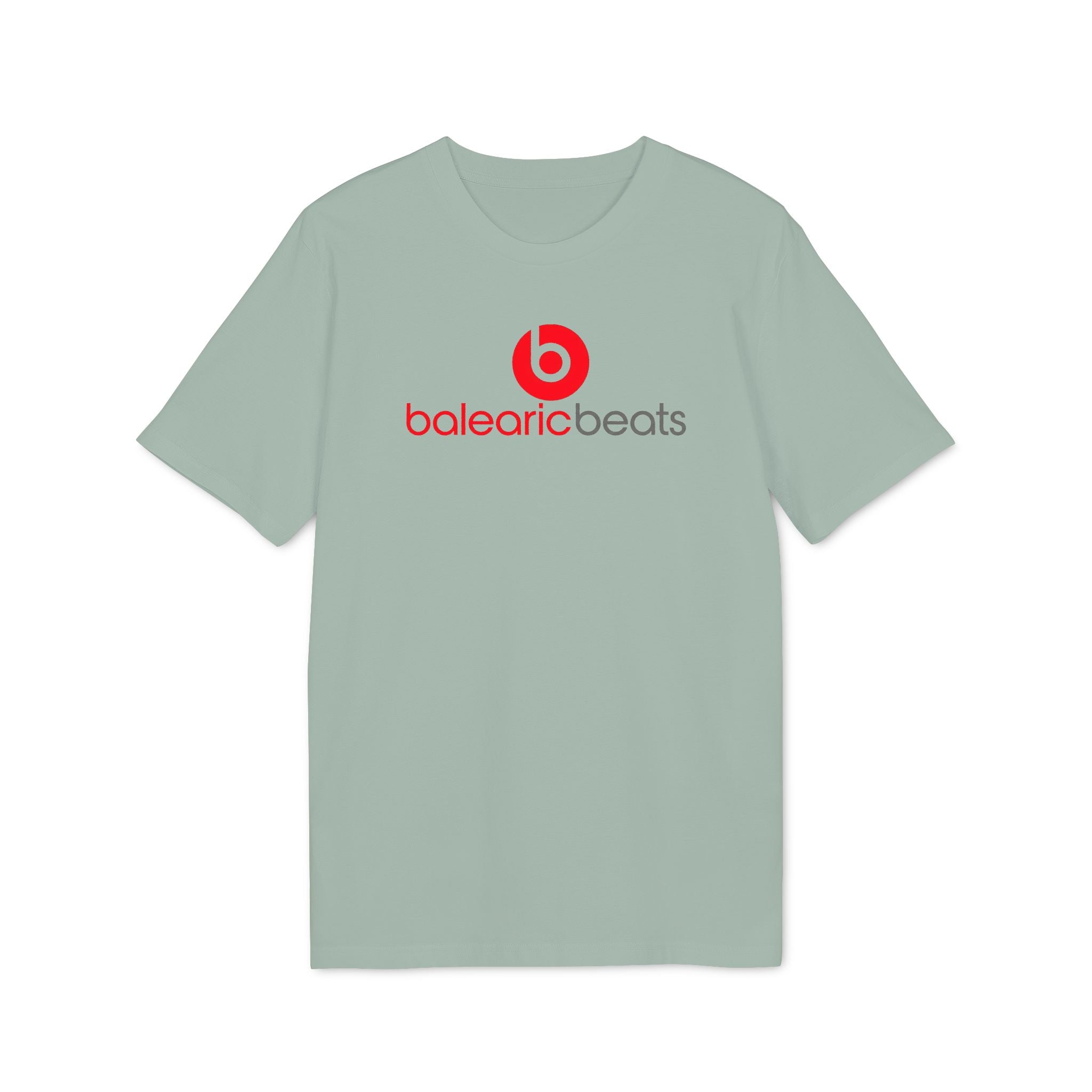 Balearic Blend T-shirt: Aloe colourway flat-lay showing red circular graphic print detail.