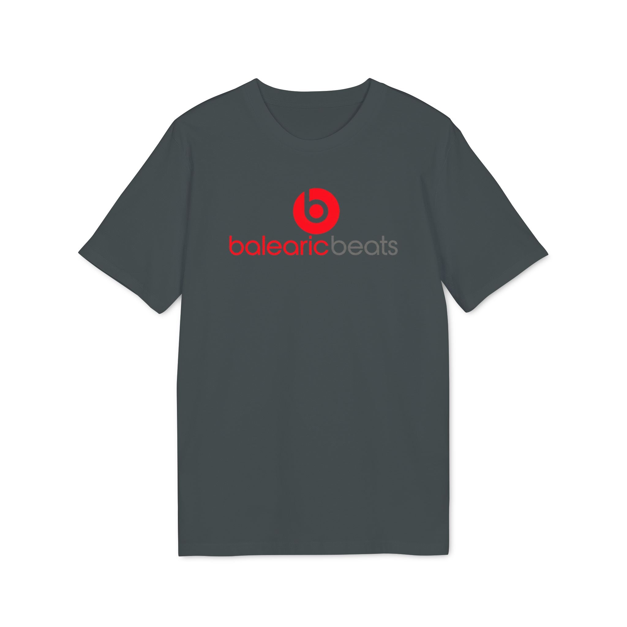 Balearic Blend T-shirt: Anthracite colourway flat-lay showing red circular graphic print detail.