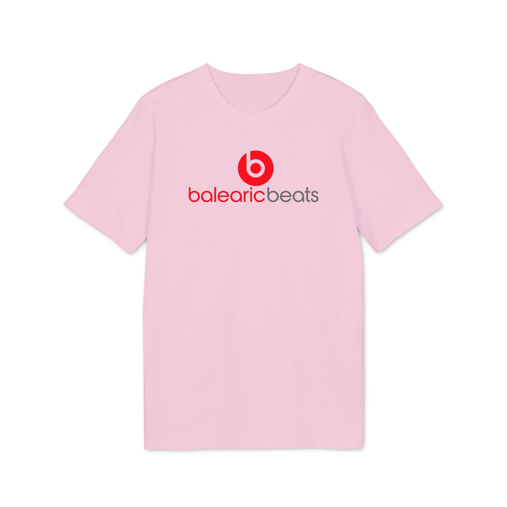 Balearic Blend T-shirt: Cotton Pink colourway flat-lay showing red circular graphic print detail.