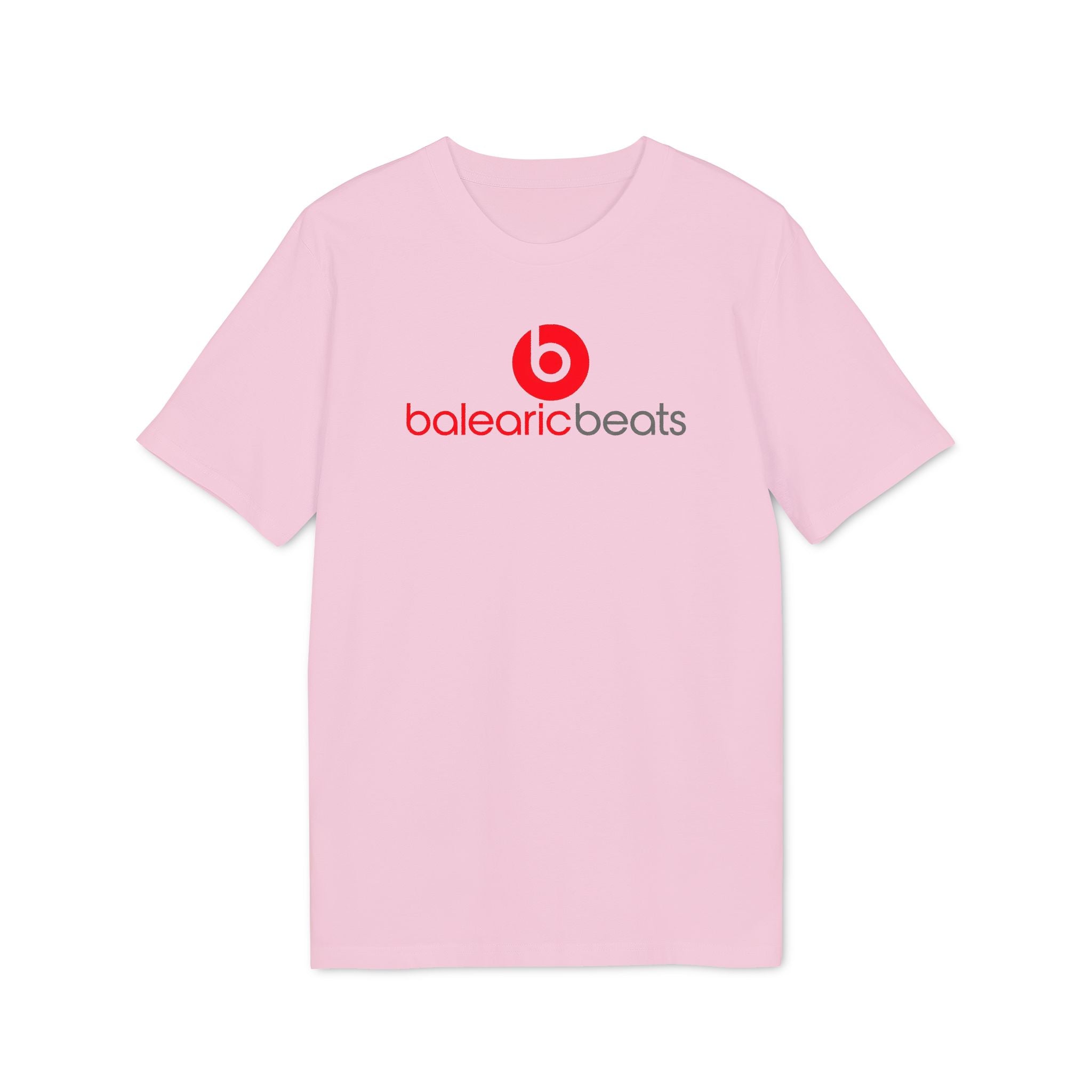 Balearic Blend T-shirt: Cotton Pink colourway flat-lay showing red circular graphic print detail.