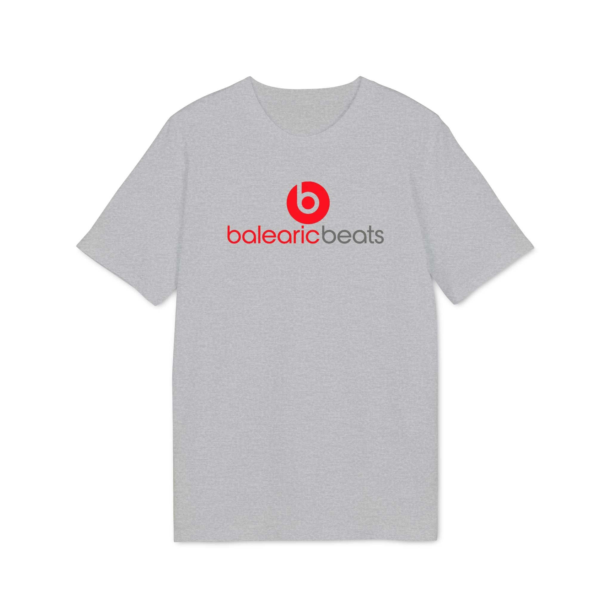 Balearic Blend T-shirt: Heather Grey colourway flat-lay showing red circular graphic print detail.